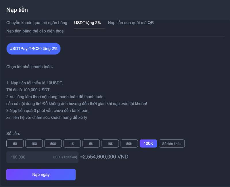 Nạp tiền bằng USDT (Crypto)