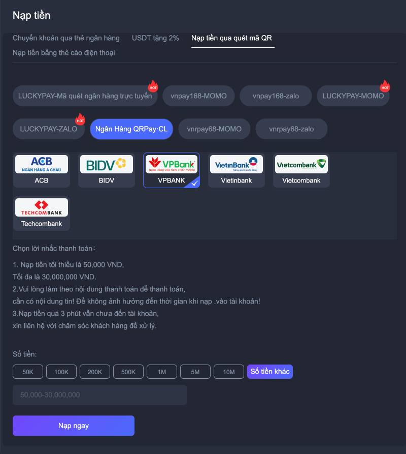 Nạp tiền qua mã QR (MOMO, ZaloPay, ViettelPay…)