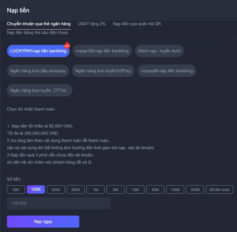 Nạp tiền qua ngân hàng