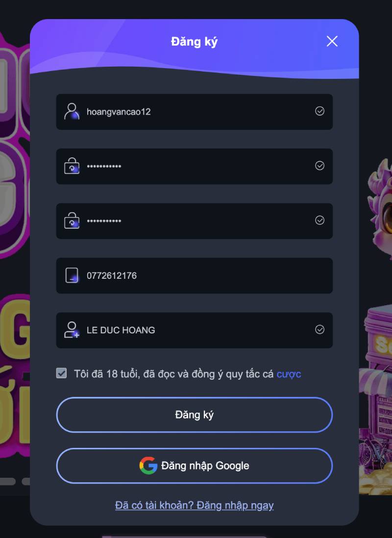 Tạo tài khoản trên trang web chính thức