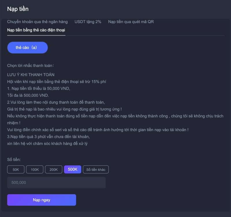 Thực hiện nạp tiền qua thẻ cào điện thoại